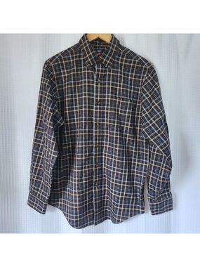 Denver Hayes Plaid Shirt Men’s Small Brown Blue Long Sleeve Button Down Cotton